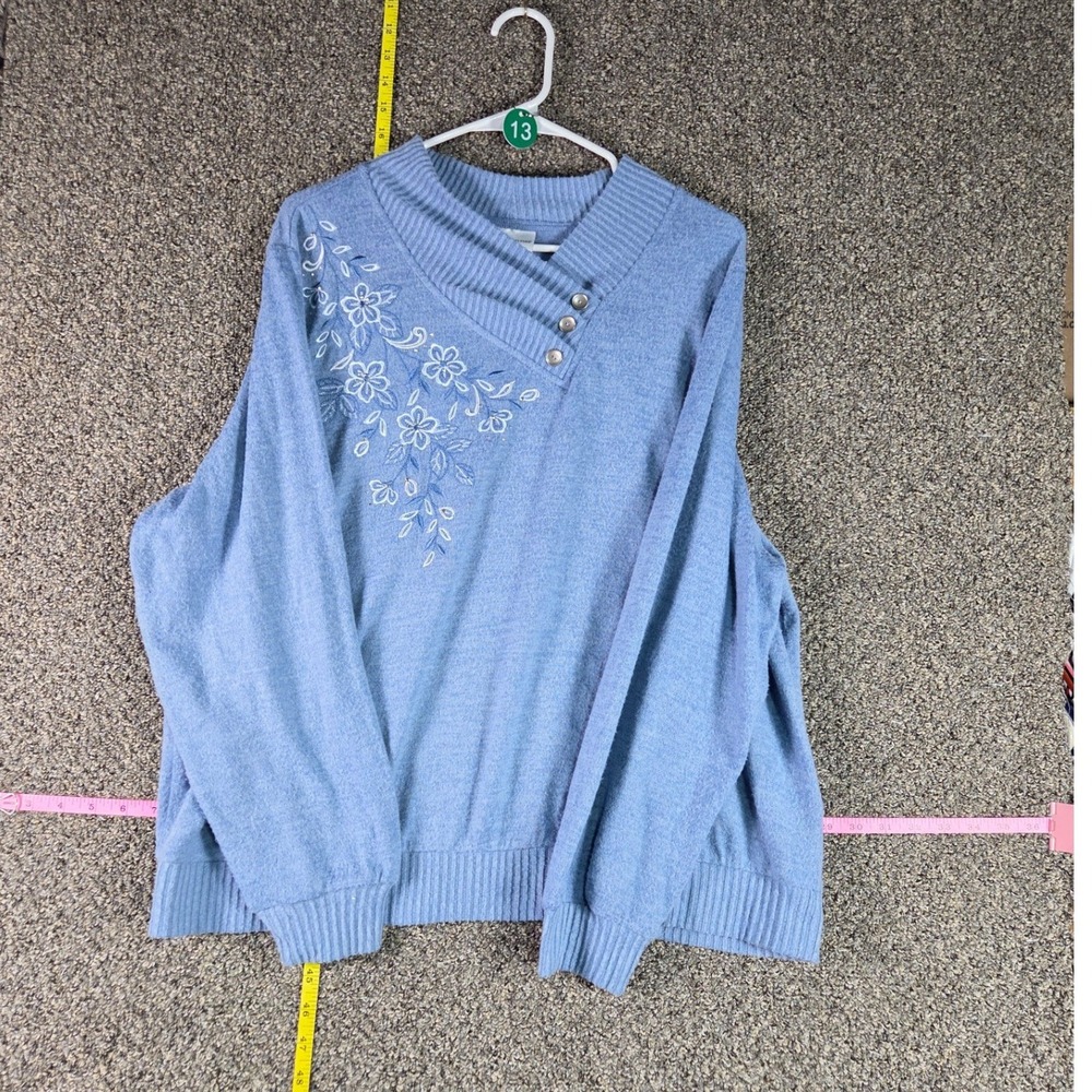 Alfred Dunner Knit Top Women PXL Blue Floral Embroidered Asymmetrical Mock Neck